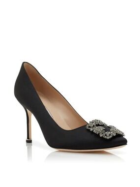 Manolo Blahnik Hangisi Black Satin Jewel Buckle Pumps Size 36